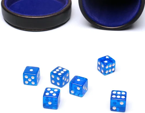 Miniatura 6 de Taza de dados de piel sintética con tapa, vaso de terciopelo azul para interiores silenciosos, incluye 6 dados azules translúcidos