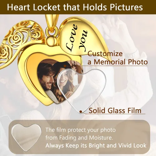 Miniatura 3 de SILVERCUTE Personalized & Engraved Locket Necklace with 18" Chain -Angel Wings Locket, Custom Heart Locket Pendant That Holds Picture, Sterling