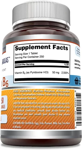 Miniatura 3 de Amazing Formulas Vitamina B6 Piridoxina 50mg 250 tabletas Suplemento Sin OMG Sin gluten Fabricado en Estados Unidos