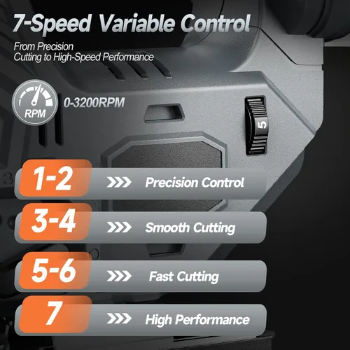 Miniatura 7 de Sierra de calar inalámbrica compatible con batería DeWalt de 20V, motor sin escobillas, control variable de 7 velocidades, 3200 RPM, potencia