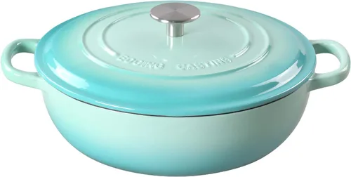 EDGING CASTING Horno holandés de hierro fundido esmaltado con cazuela poco profunda con doble asa, 3.8 cuartos de galón, azul pavo real