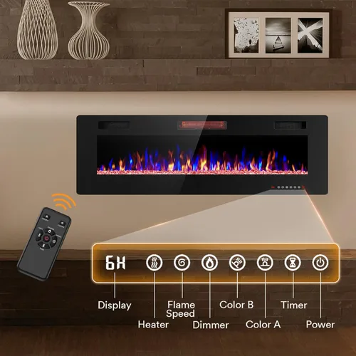 Miniatura 4 de Joy Pebble - Insertos de chimenea eléctrica de 50 pulgadas, chimenea eléctrica empotrada en la pared y montada en la pared 750/1500W, pantalla