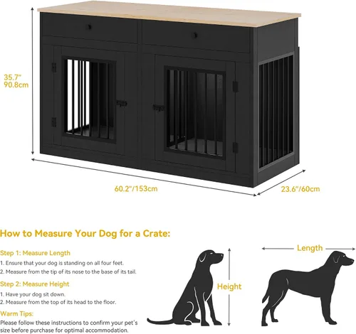 Miniatura 3 de DWVO Muebles de jaula doble de 60 pulgadas para 2 perros, soporte de TV de jaula de perro de madera resistente con divisor removible y cajones