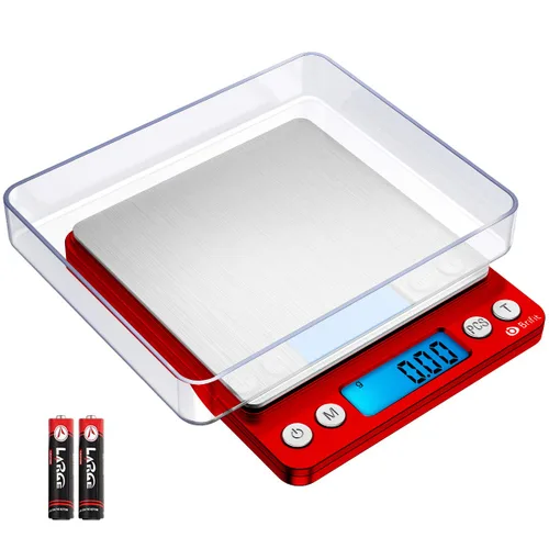 AMIR Báscula digital de cocina mejorada, 17.76 oz de bolsillo para joyas, báscula de alimentos para cocinar con pantalla LCD retroiluminada, 2 Rojo