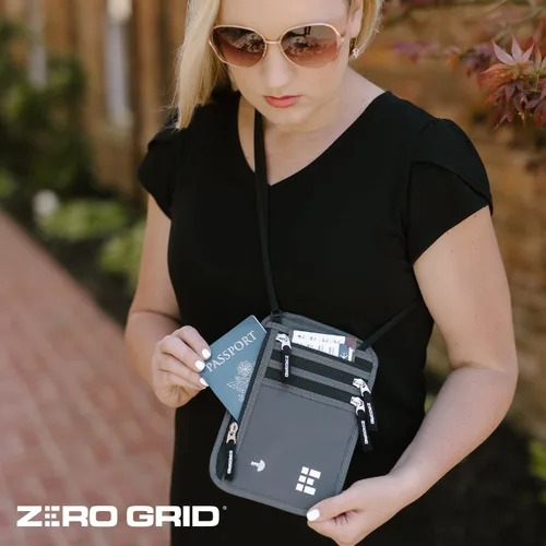 Miniatura 49 de Cartera para el cuello para viajes y pasaporte con bloqueo RFID, delgada y fácil de ocultar, bolsa de viaje de nailon para hombres y mujeres