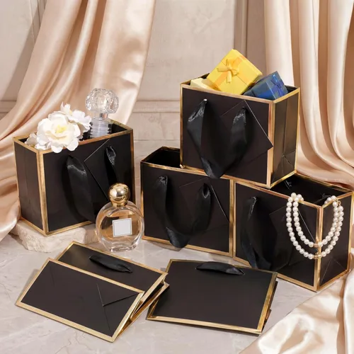 Miniatura 5 de Yeaqee 50 mini bolsas de regalo de papel metálico con asa de 4.75 x 2.25 x 4 pulgadas, pequeña bolsa de regalo para bricolaje, etiqueta de Dorado