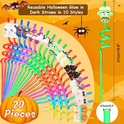 Miniatura 2 de JANYUN - Pajitas luminosas de Halloween, 20 piezas de pajitas de plástico reutilizables y luminosas, suministros para fiesta de Halloween, pajitas
