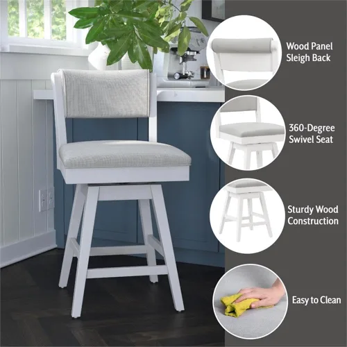 Miniatura 4 de Hillsdale Clarion Taburete giratorio tapizado de madera y altura de mostrador, color blanco mar