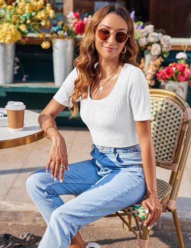 Miniatura 2 de Zeagoo Women's 2024 Short Sleeve T Shirt Square Neck Slim Fitted Tops Summer Basic Solid Color Tee Tops