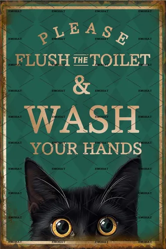 EMOHAT Letrero de placa de metal de aluminio, divertido gato negro con texto en inglés «Please Flush Toilet Wash Your Hands», bonito cartel para el