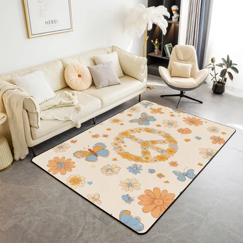 Miniatura 26 de Erosebridal Alfombra de área con tema Groovy de los 70 para sala de estar y dormitorio, alfombra retro con símbolo de paz antideslizante, alfombra