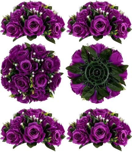Miniatura 33 de BLOSMON Bolas de flores, centros de mesa de rosas de boda: 2 piezas de flores falsas carmesí decoración de bolas de besos Arreglos florales