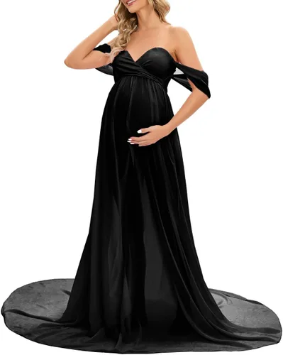 Miniatura 3 de ZIUMUDY Vestido largo de gasa de maternidad para sesión de fotos, fotografía, hombros descubiertos, vestido de gasa transparente