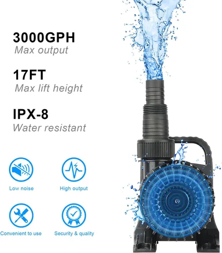 Miniatura 2 de OYO WATER Bomba de agua exterior de 3000 gph-155W 9.99 m de cascada de estanque y fuente de peces Kio y bomba de jardín sumergible IPX8: cable largo