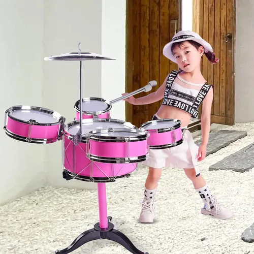 Miniatura 7 de Adecuado para niños de 3 a 6 años, juego de juguetes de batería para niños Rock Jazz Drum (rosa)