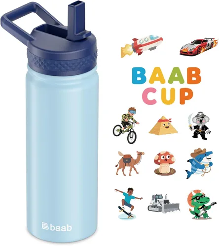 baab Botella de agua para niños de 18 onzas, botella de agua aislada con popote y calcomanías, taza con popote de agua para niños de acero