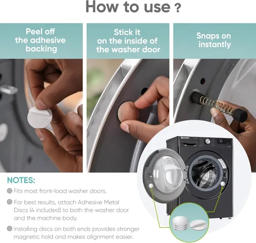 Miniatura 6 de Paquete de 2 accesorios para puerta de lavadora de carga frontal, soporte magnético para puerta con resorte flexible y discos de metal adhesivos