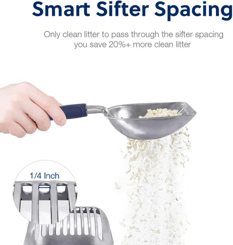 Miniatura 4 de WePet Cuchara de arena para gatos, tamiz de aleación de aluminio, pala de metal profunda, mango largo, tamizado de excrementos, levantador de heces