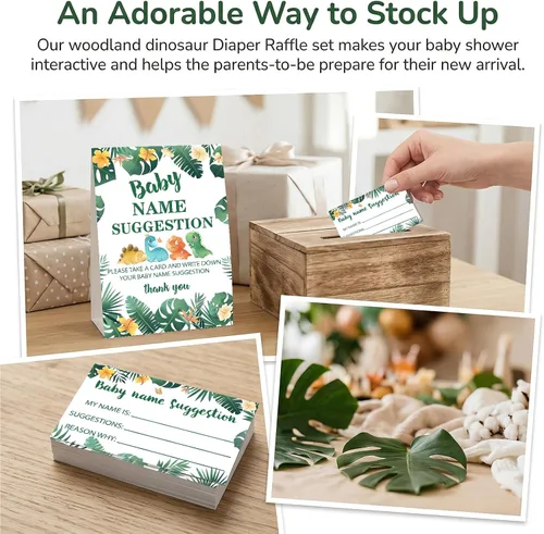 Miniatura 5 de DETIHO Tarjetas de juego de dinosaurio para baby shower, 1 letrero de sugerencia de nombre de bebé con 50 tarjetas de relleno, juego de fiesta