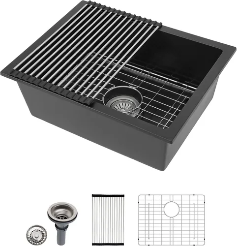 Dcolora Fregadero de Barra de Composite de Cuarzo de 22 Pulgadas Negro Bajo Encimera Pequeño Fregadero de Cocina de Composite de Granito Prep RV