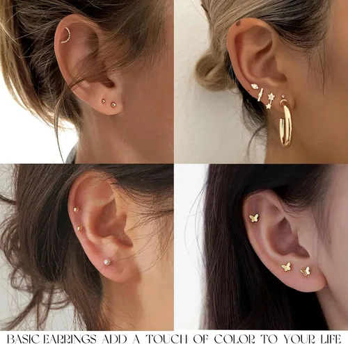 Miniatura 4 de Juego de 84 pares de aretes de oro para mujer, paquete múltiple, aretes de mariposa de circonita cúbica de perlas de moda, aretes hipoalergénicos