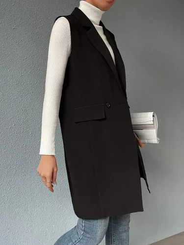 Miniatura 3 de SheIn Chaleco largo con doble botonadura frontal abierta para mujer sin mangas largo para exteriores con bolsillos
