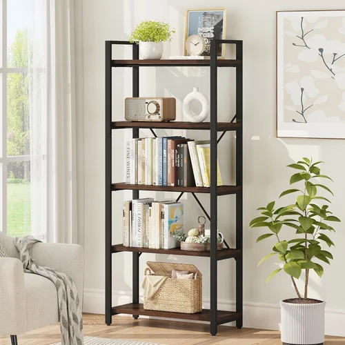 FATORRI Estantería industrial de 5 niveles, estantería rústica Etagere para exhibición, estantería vintage de madera y metal, estantes altos para