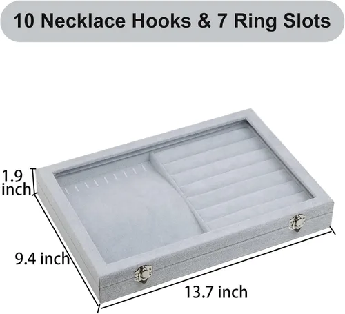 Miniatura 6 de Togous Organizador de anillos de collar de terciopelo con tapa transparente, soporte para collar 2 en 1 y vitrina de anillo, bandeja organizadora