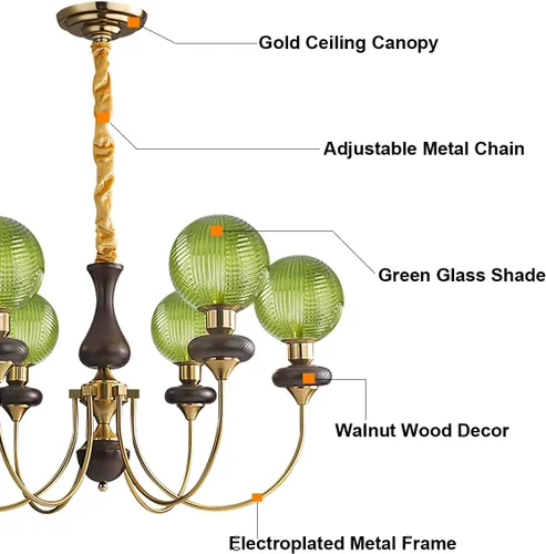Miniatura 4 de Candelabro de globo de cristal verde con 6 luces, lámpara colgante moderna de mediados de siglo, lámpara colgante Art Deco para comedor, cocina