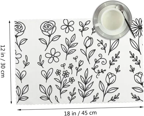 Miniatura 2 de Rectangular Placemats Set of 4, Heat Resistant Flower Doodles Printed Kitchen Dining Table Mats