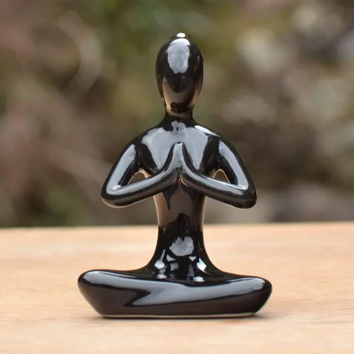 Miniatura 5 de OwMell Lote de 4 Figuras de Cerámica para Meditación y Yoga, Pose de Yoga, Figura Decorativa de Conjunto - Negro