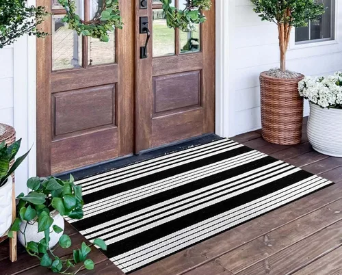 Miniatura 63 de Tapete para exteriores de rayas color negro y blanco, tapete tejido a mano lavable a máquina para interiores, porche, entrada, sala, pasillo, Rayas