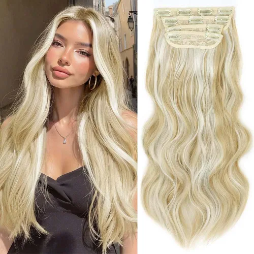 Miniatura 16 de 4 piezas de extensiones de cabello rizado con clip, color dorado oscuro, mezcla de rubio beige, sintético de 20 pulgadas de largo, extensiones