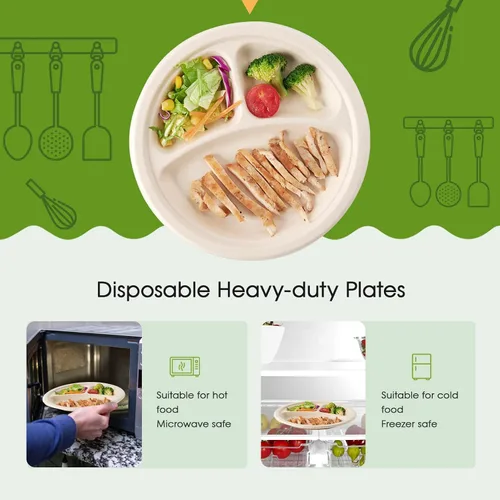 Miniatura 4 de ECOLipak paquete de 125 platos desechables de 3 compartimentos, platos de papel compostables de 10 pulgadas de alta resistencia, hechos de fibras