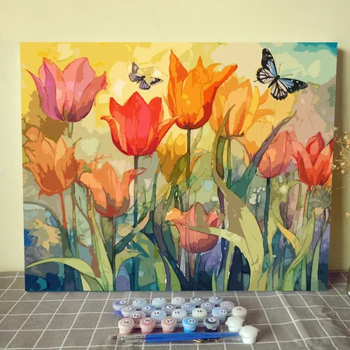 Miniatura 20 de Tucocoo Kits de pintura de paisaje de girasoles por números con pinceles y pigmento acrílico sobre lienzo para adultos, patrón de mariposas y flores