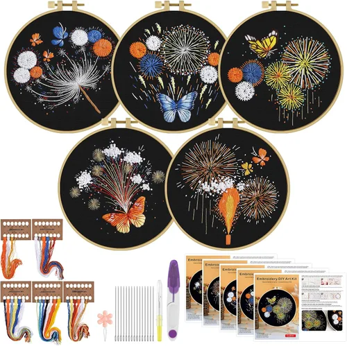 Miniatura 12 de ERKOON 5 Kits de Bordado para Principiantes, Juego de Costura Manual de Manualidades Kit de Inicio de Punto de Cruz de Hongos, Kits de Bordado DIY
