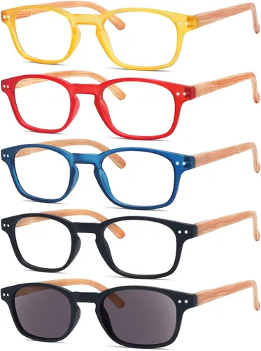 Eyekepper Gafas de lectura clásicas para hombre, paquete de 5 con bisagras de resorte Brazos impresos de grano de madera