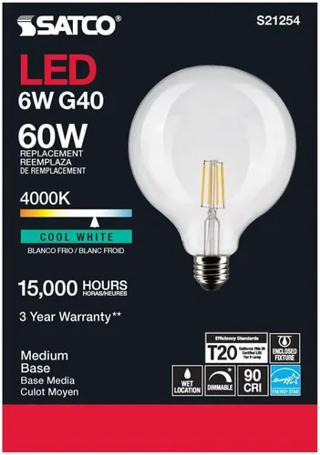 Miniatura 5 de Satco 6Pk 6w G40 Globo Filamento LED 4000K Base Mediana Regulable - 60W Equiv