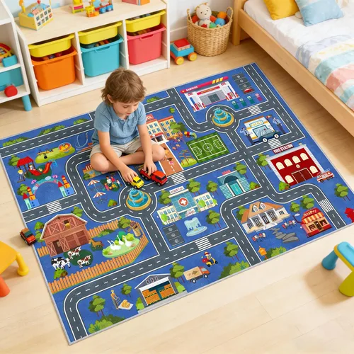 Miniatura 5 de Alfombra de coche de carretera para niños, 31 x 47 pulgadas, alfombra de pista de carreras de ciudad, alfombra de carreras para niños, alfombra