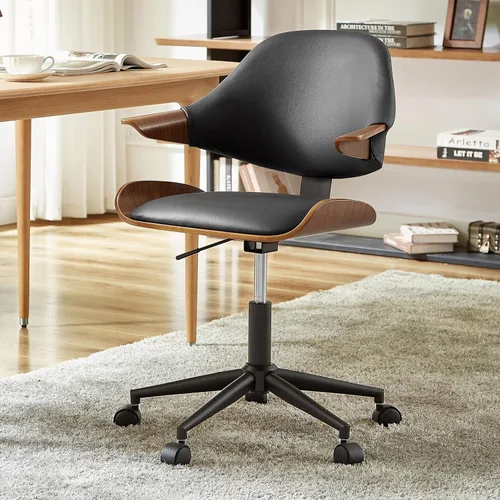 Art Leon Silla de escritorio giratoria, silla de oficina moderna de mediados de siglo con ruedas, silla tapizada de piel sintética, silla de trabajo