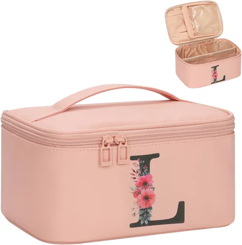Miniatura 54 de OCHEAL Bolsa de maquillaje personalizada, bolsa de maquillaje beige para mujer, kit de aseo de viaje con monograma, organizador de cosméticos listo