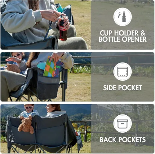 Miniatura 7 de Portal Silla de campamento doble, sofá biplaza plegable para 2 personas para adultos, cojín acolchado, para campamento, césped, sofá portátil