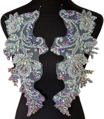 Apliques de diamantes de imitación hechos a mano para coser en parche de encaje de cristal, 1 par para ropa de bricolaje, vestido de novia,