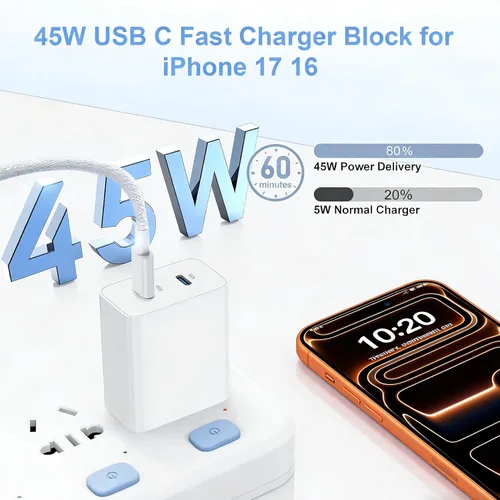 Miniatura 2 de Cargador súper rápido USB C de 45 W, paquete de 2 bloques de carga dual USB C para iPhone con cable trenzado tipo C a C de 3.3 pies de carga rápida