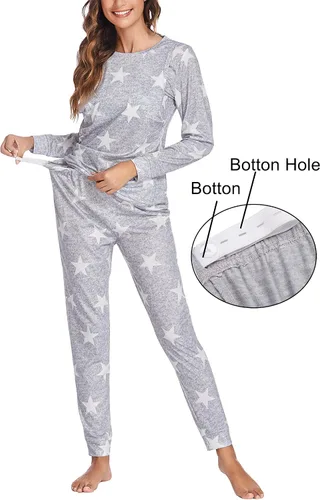 Miniatura 3 de Ekouaer Conjunto de ropa interior térmica de maternidad y lactancia, conjunto de pantalones largos de punto a rayas, capa base superior e inferior