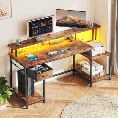Miniatura 10 de Escritorio negro para juegos con luces RGB y 3 tomas de corriente alterna, escritorio de computadora de oficina con soporte de monitor de 55