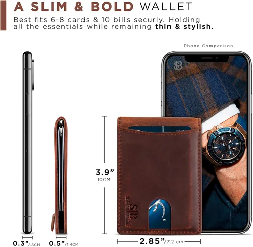 Miniatura 25 de SERMAN BRANDS - Billetera sencilla de cuero genuino con bloqueo RFID para hombre, billetera delgada con bolsillo frontal y clip para dinero