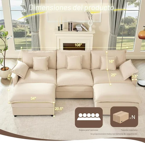 Miniatura 2 de GOSUHI - Sofá en forma de U de 108", sofá seccional modular, sofá de nube de 3 plazas con otomana móvil, sofás de asiento profundo para sala de Beige
