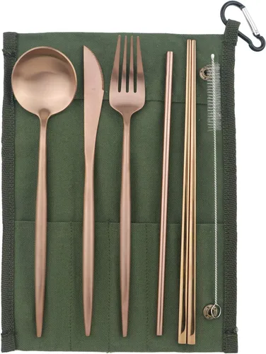 Miniatura 9 de Juego de 6 cubiertos portátiles de acero inoxidable 304, tenedor, cuchara, palillos, pajita de metal, cepillo de limpieza, juego de cubiertos