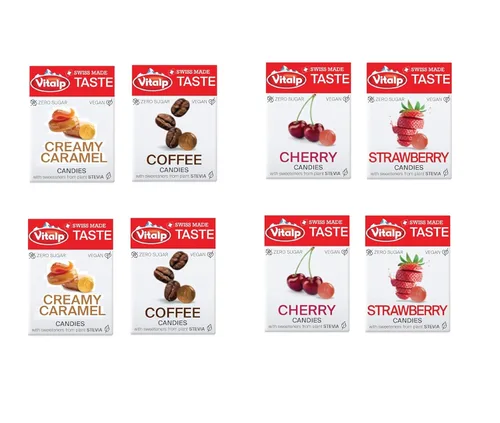 Miniatura 19 de Vitalp Taste, hecho en Suiza, caramelo duro sin azúcar con Stevia, vegano, sabor a caramelo cremoso, paquetes de 25g/0.88 onzas, 16 cajas
